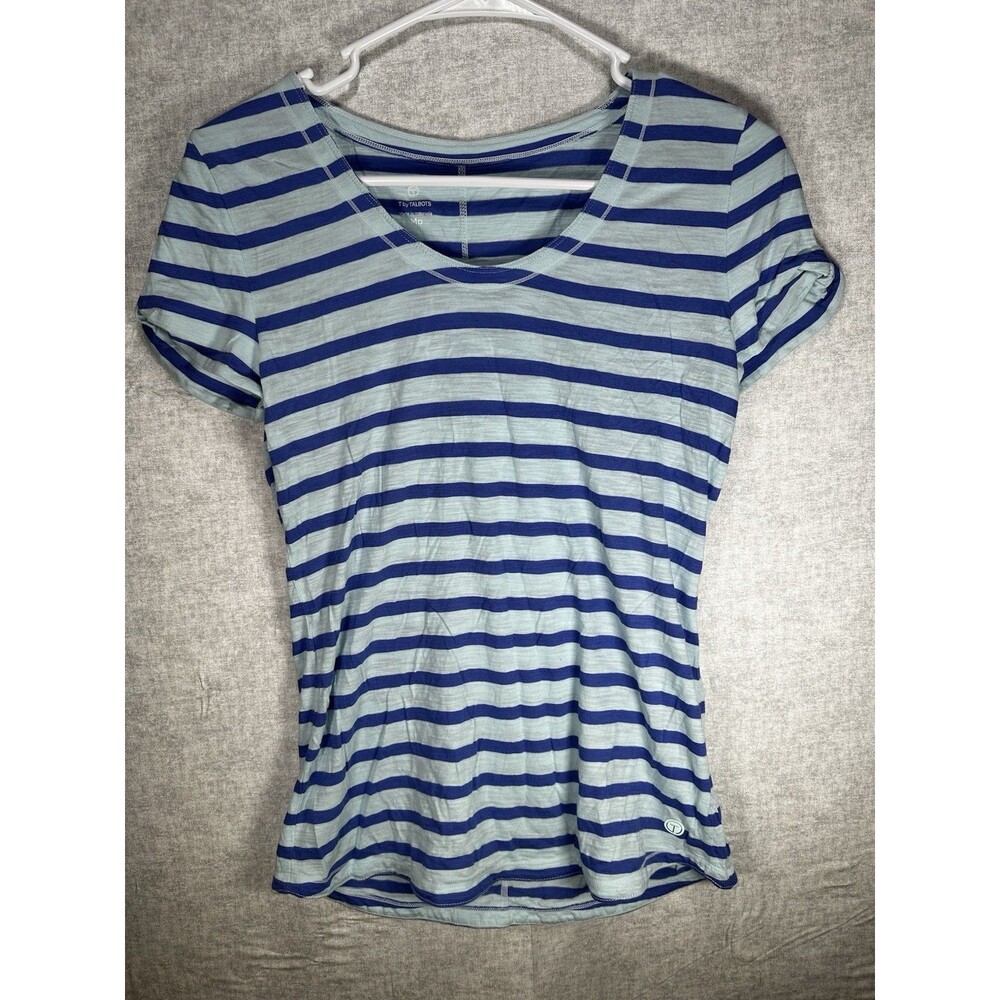 T by TALBOTS Womens Size MP Short Sleeve Pull Over Top T Shirt Blue Striped